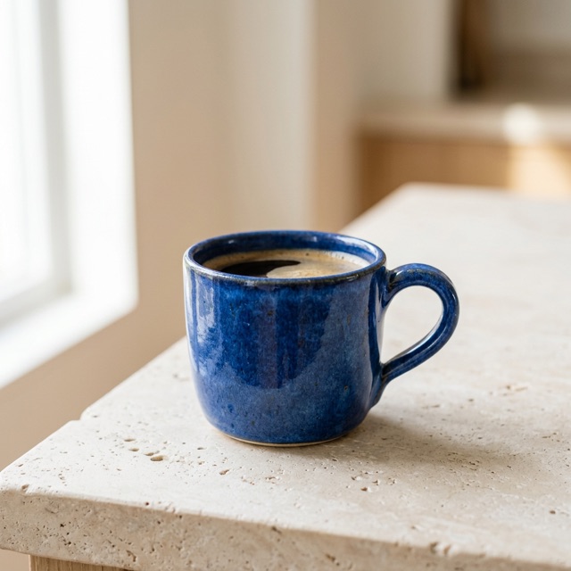 AI-generated photo of a cobalt-blue ceramic coffee cup on a limestone counter in natural daylight.