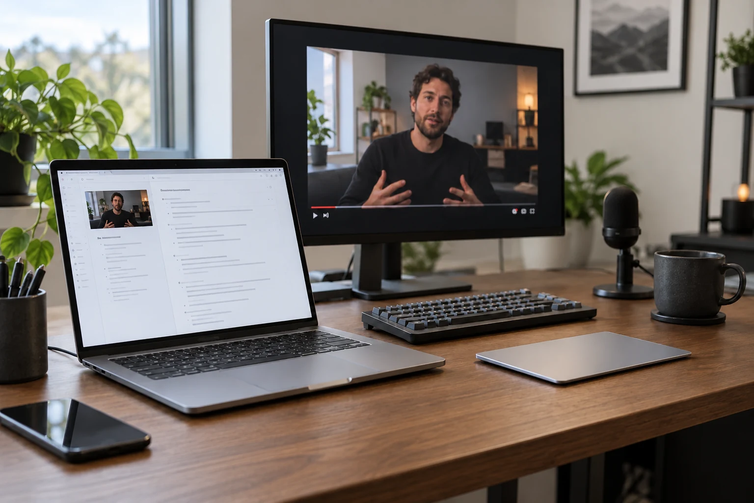 A wooden desk with a laptop displaying video notes, a monitor playing a tutorial, a microphone and a keyboard in natural light.